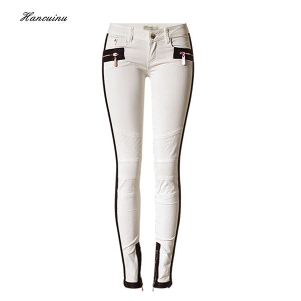 Hancuinu 2017 New Fashion PU Leather Patchwork Denim Jeans Ankle Zipper Up Embroidery Knee Skinny Pencil Pants Female Trousers