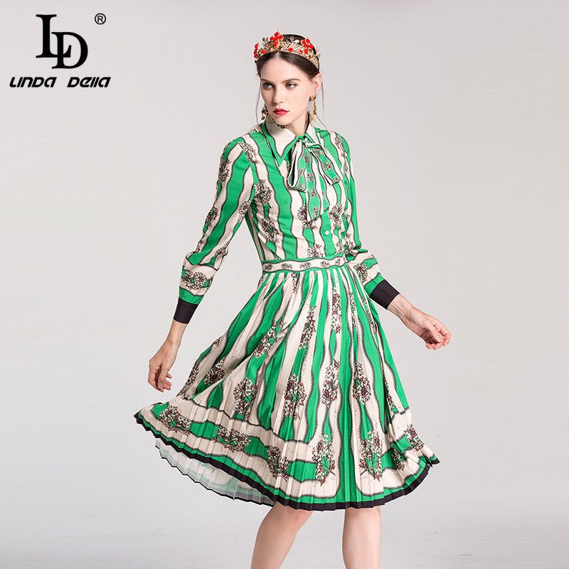 Designer Women's Sets Long Sleeve Bow Collar Blouses Tops + Stripe Printed Pleated Skirt Set Suit