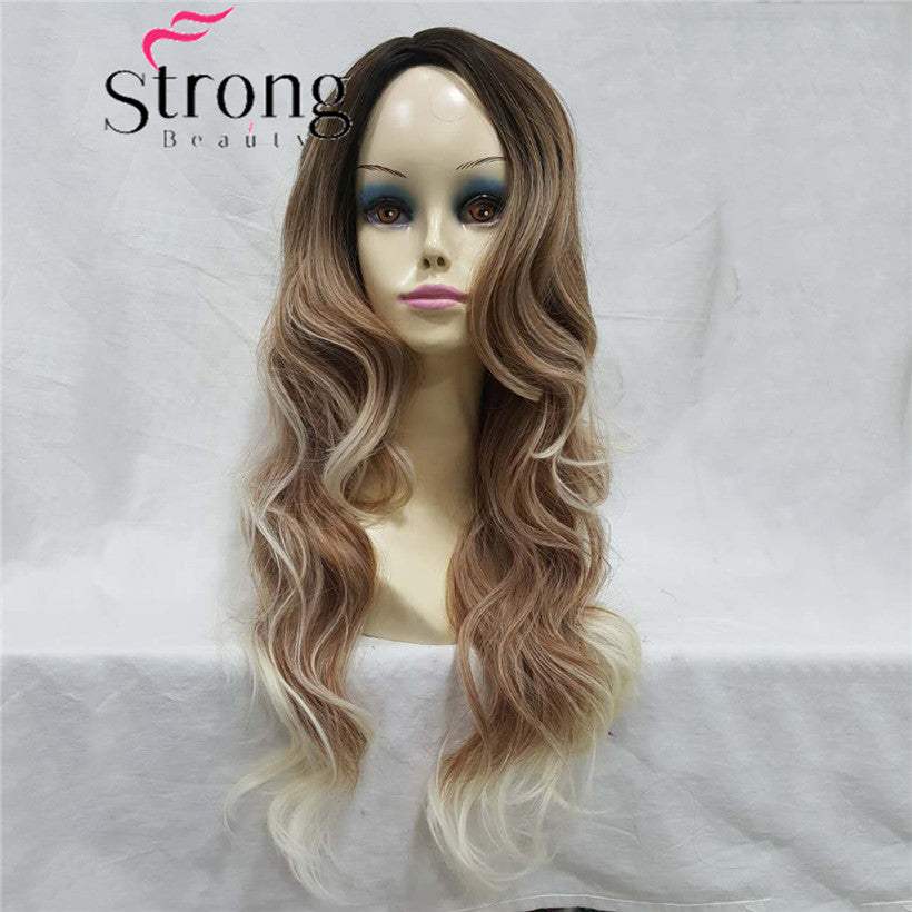 Long Natural Wave Brown Blonde Ombre Center Part, No Bangs Full Synthetic Wig