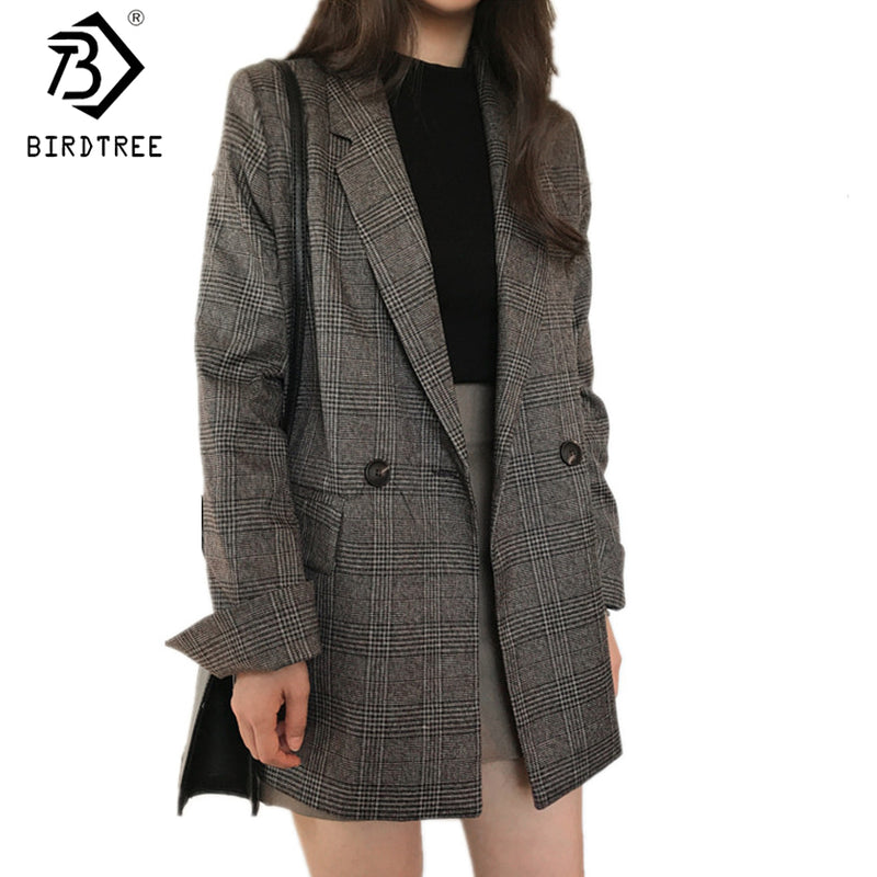 Plaid Blazer Vintage Long Suit Jackets Notched Collar Long Sleeves