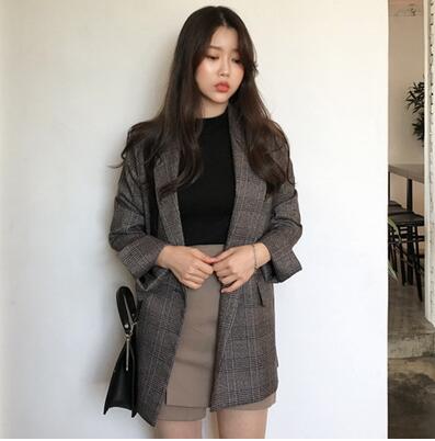 Plaid Blazer Vintage Long Suit Jackets Notched Collar Long Sleeves