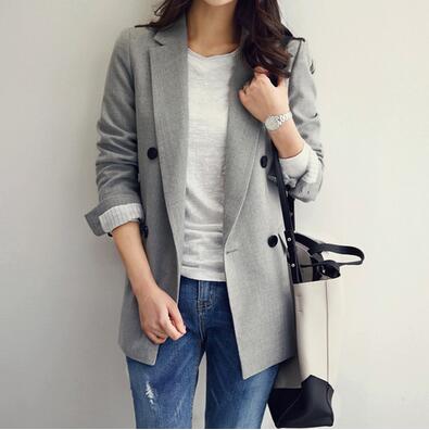 Women Vintage Solid Blazers European Style Long Sleeves Notched Collar Ladies Suit Jackets Double-breasted Casual Blazer