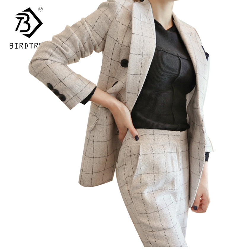 Office Pants and Jackets 2 Pieces Autumn Vintage White Plaid Business Formal Suits For Women