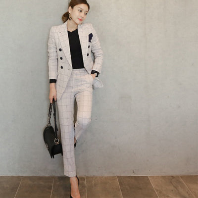 Office Pants and Jackets 2 Pieces Autumn Vintage White Plaid Business Formal Suits For Women