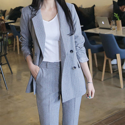 Double Breasted Striped Blazer Jacket & Zipper Pant Work Pants Suits 2 Piece Sets Office Lady Suits