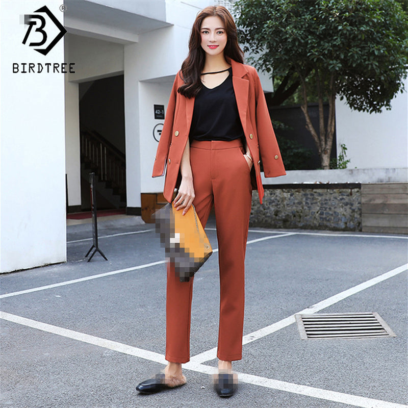 Double Breasted Solid Blazer Jacket & Zipper Pant Office Lady Suit Spring Work Pant Suits 2 Piece Sets