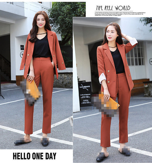 Double Breasted Solid Blazer Jacket & Zipper Pant Office Lady Suit Spring Work Pant Suits 2 Piece Sets