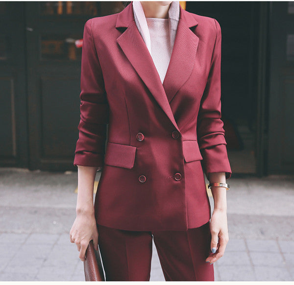 Women's OL Style Fashion Black Suits Sets / Female Business Coats Solid Color Double Button Suits Jackets Blazers +Pants S7D815A