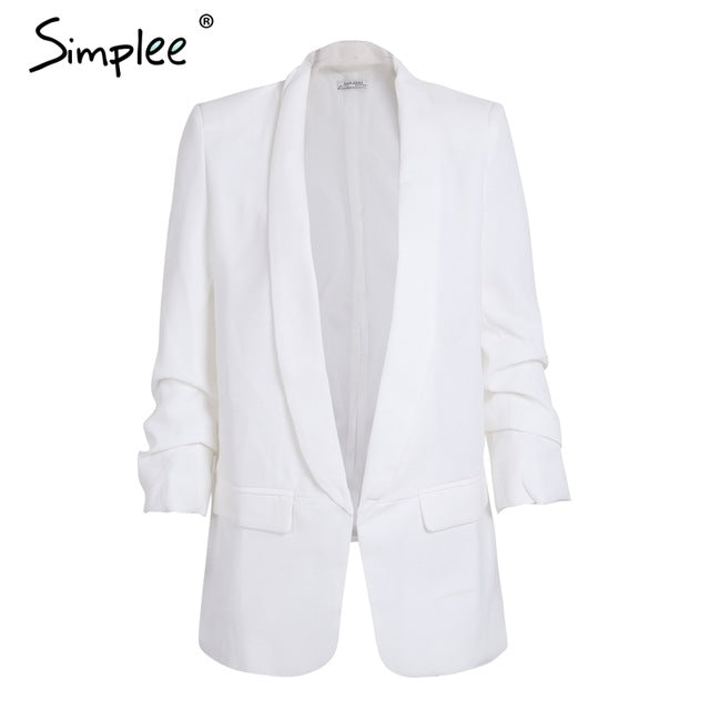 Simplee Turn-down pocket blazer coat women Ruched sleeve black suit blazer Cool OL slim winter outerwear female 2017 new