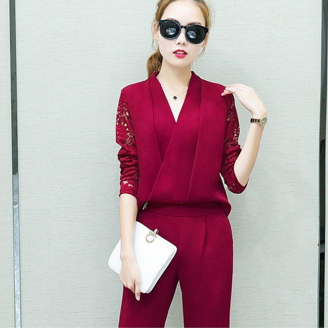 Fashion New 2018 Women 2 Piece Set Women Suit Female Long Sleeve Lace Work Clothes Trousers Two-Piece Sets Foot Trousers