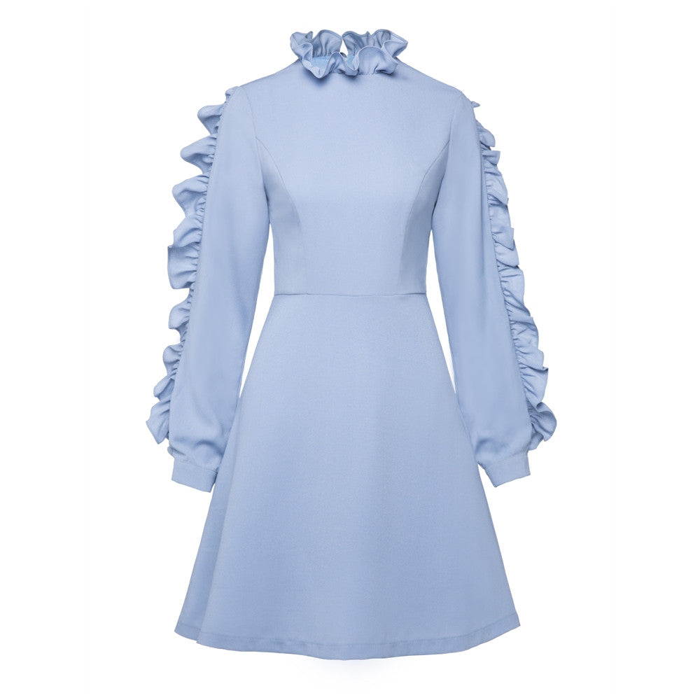 Pure Color Knee-Length Blue Cotton Peplum Dress