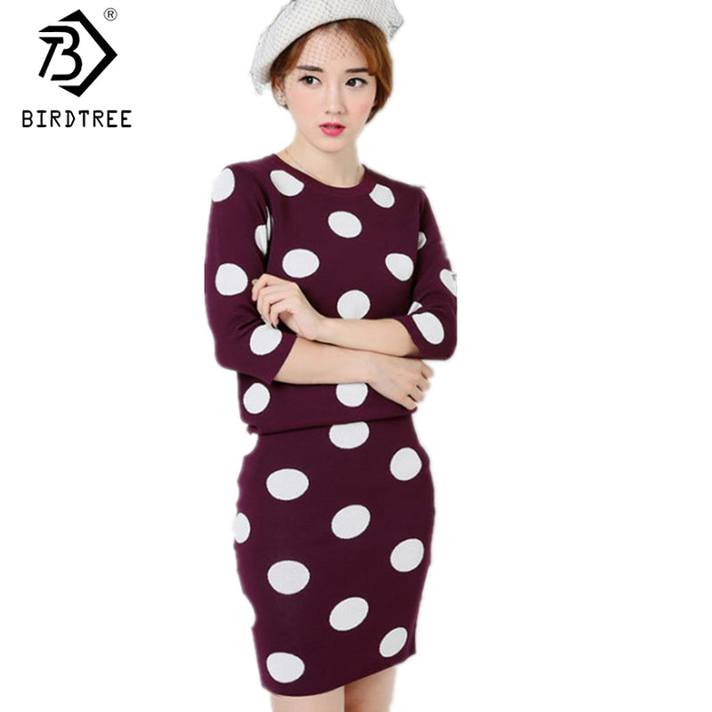 2018 Spring New Women Dot Knitwear Suits Round Collar Long Sleeve Knitted Crop Top+Tight Hip Bodycon Skirt Knitting Sets S7D021A
