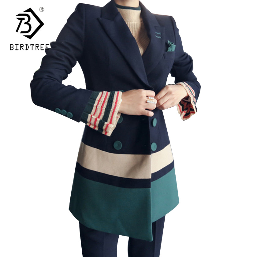 Patchwork Double Breasted Female Business Suit Blazer Jackets 2 Pieces Sets Long Pants Suits