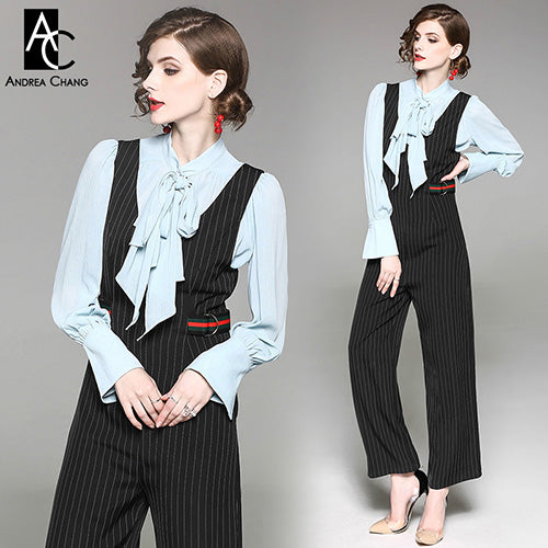 autumn spring woman clothing set bow collar ribbon flare sleeve sky blue blouse shirt + black white strip pattern jumpsuit set