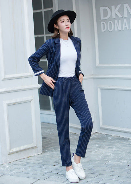 Women Striped Jacket & Zipper Pant Office Lady Work Uniform Female Outfits 2018 Fashion Pant Suits 2 Two Pieces Sets Hot S7D820A