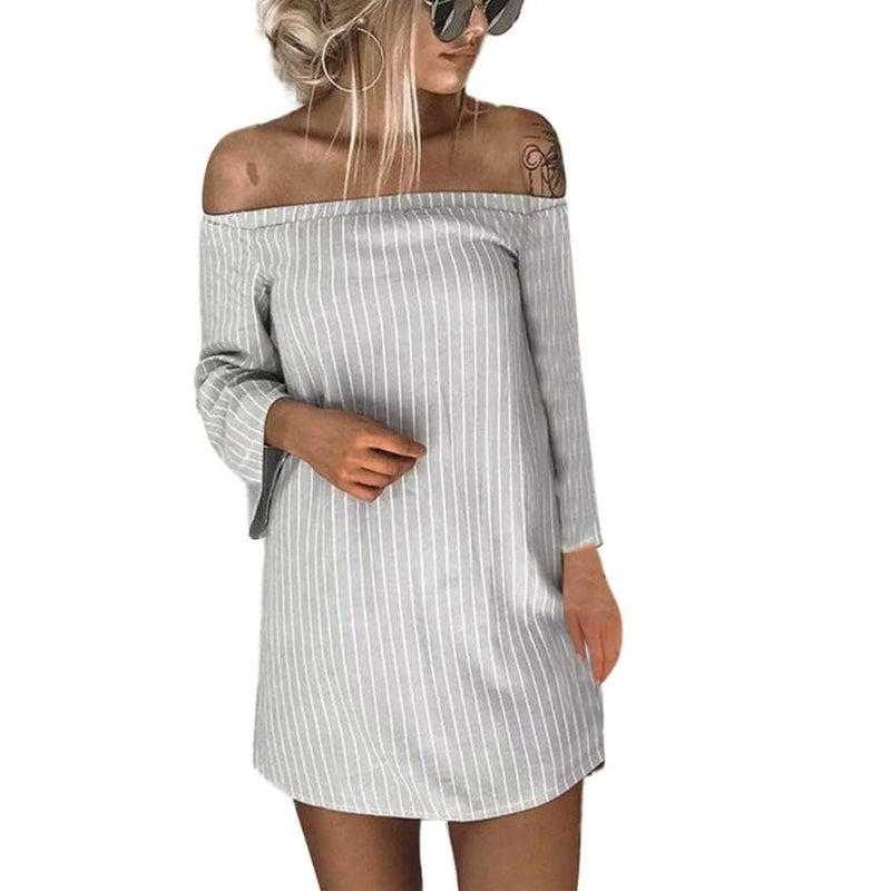 2018 NEW Women Pullover Striped Off Shoulder Dress Slash Neck Casual Mini Dress Vestidos #GB0