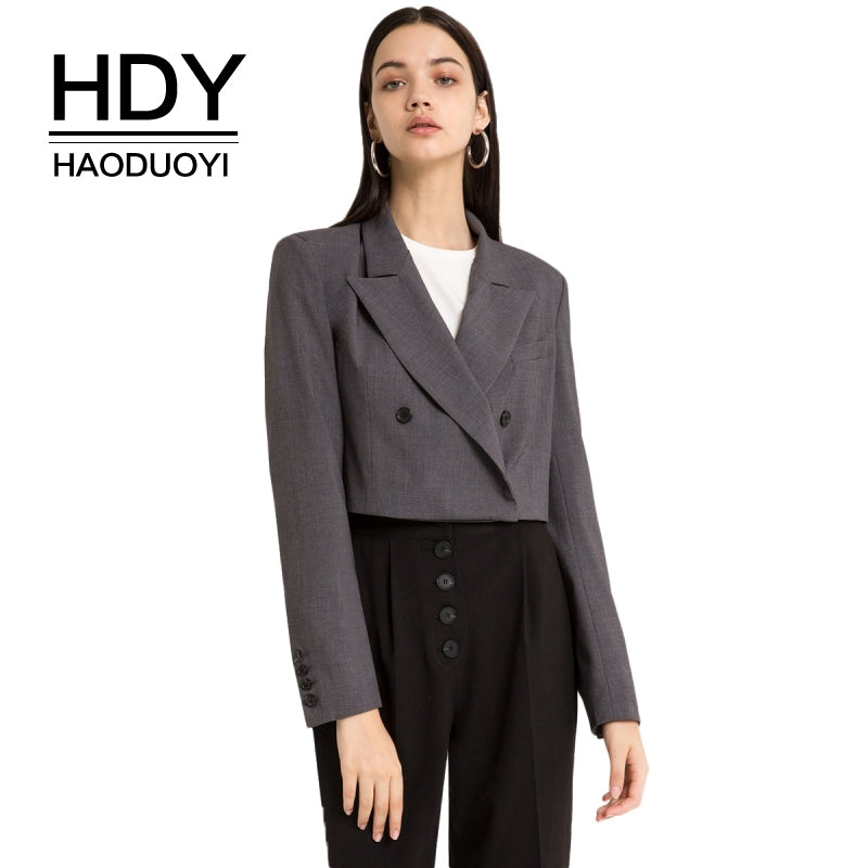 HDY Haoduoyi Brand 2018 Women Soli Grey Casual Suit Coats Singal Buttons Pockets OL Lady Elegant Slim Outwears Lady Coats