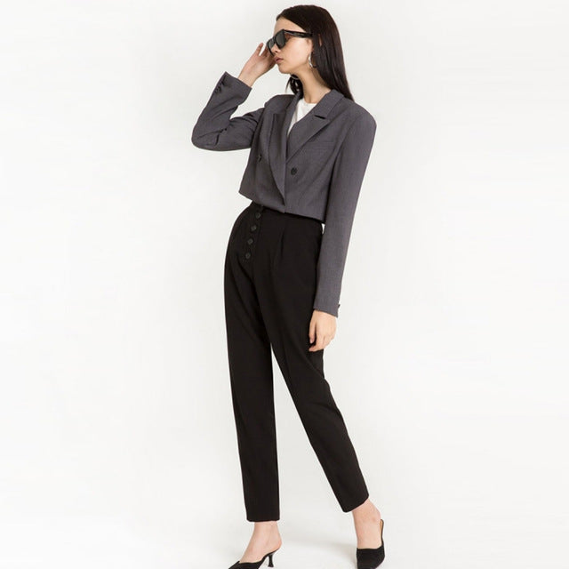 HDY Haoduoyi Brand 2018 Women Soli Grey Casual Suit Coats Singal Buttons Pockets OL Lady Elegant Slim Outwears Lady Coats