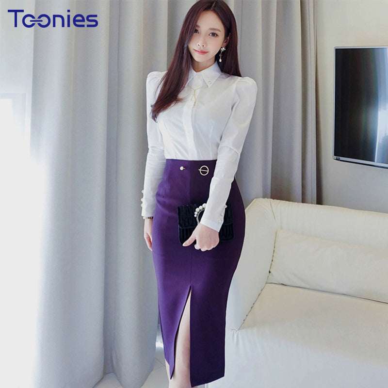 A Set of Skirt and Blouse Shirt Office Lady 2 Piece Set Women Sexy Skirts with Slim Top