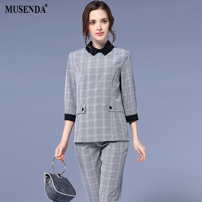 MUSENDA Plus Size Women Gray Plaid 3/4 Sleeve Blouse Button Fly Pants 2018 Spring Female Office Lady Two Piece Sets Clothing 5XL