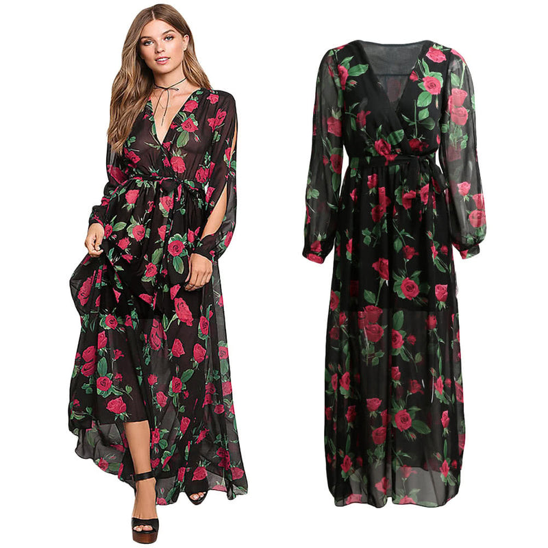 Sexy Women Maxi Dress Sheer Chiffon Floral Cross V-Neck Cut Out Sleeve Elastic Waist Boho Long Dress Black