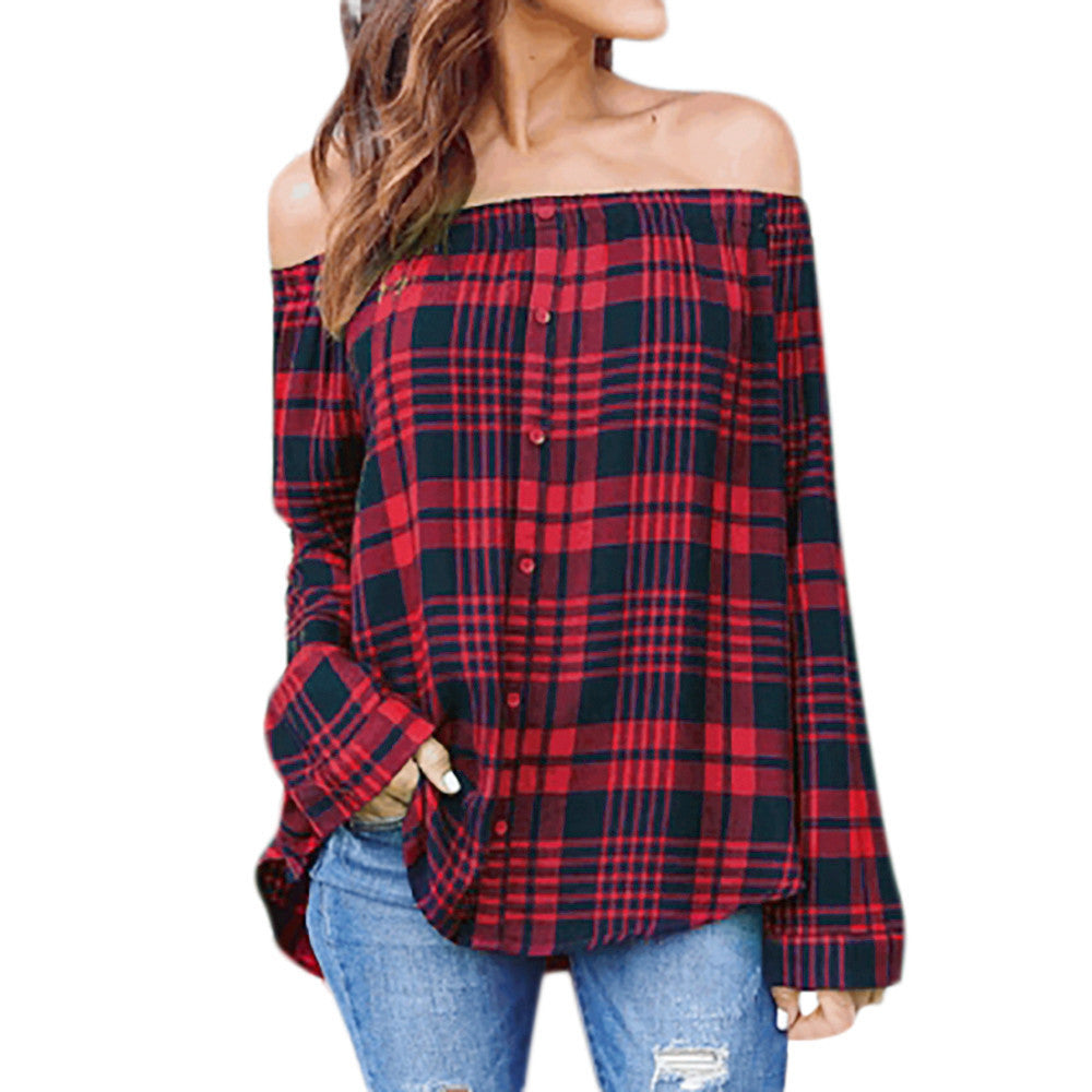 Women's Casual Plaid Sexy Off Shoulder Long Sleeve Shirt Tops Blouse