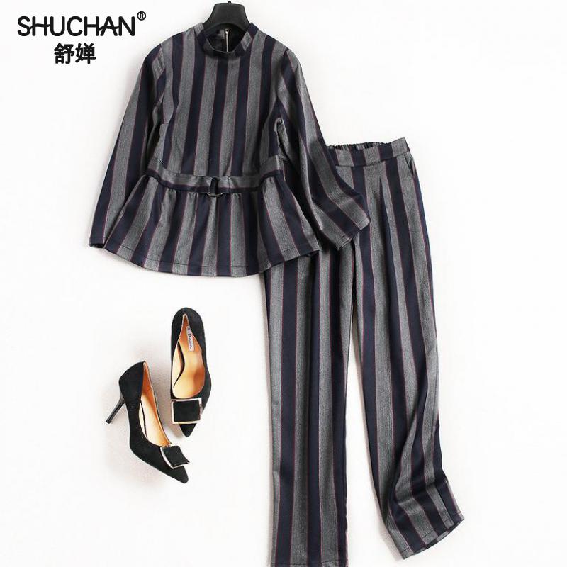 Striped Stand Collar Blouse With Straight Pants 8139