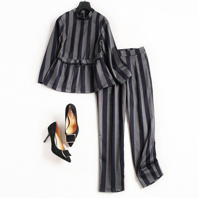 Striped Stand Collar Blouse With Straight Pants 8139
