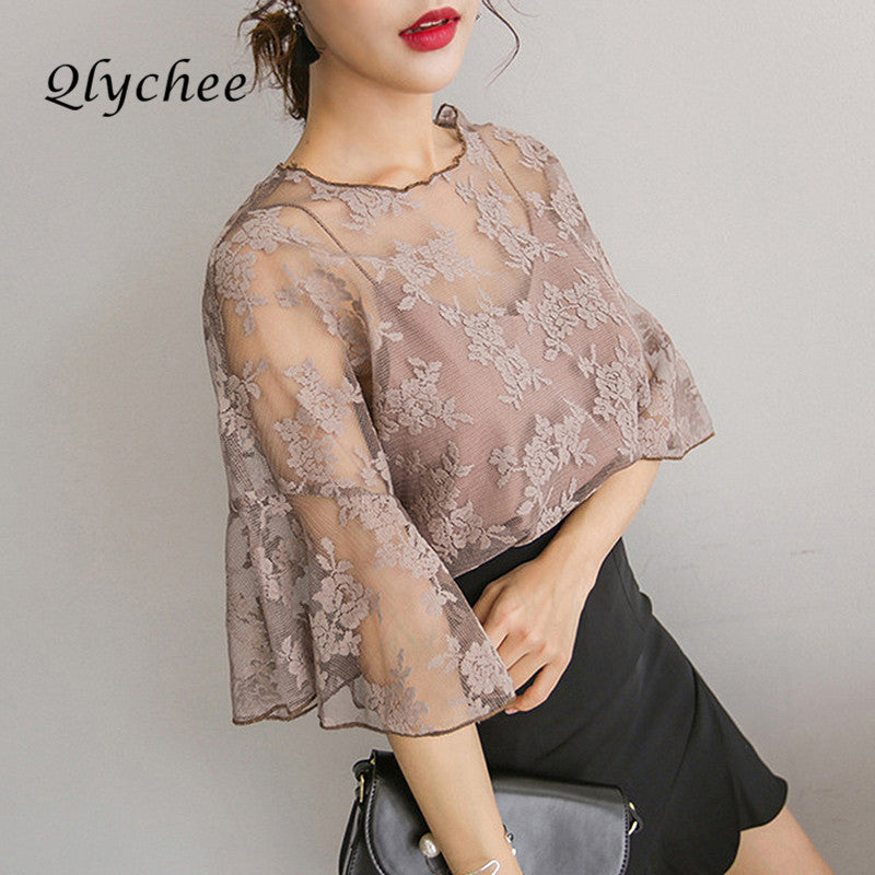 See Through Two Pieces Lace Chiffon Flare Sleeve Blouse Tshirt+Camis Crop