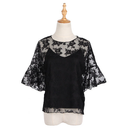 See Through Two Pieces Lace Chiffon Flare Sleeve Blouse Tshirt+Camis Crop