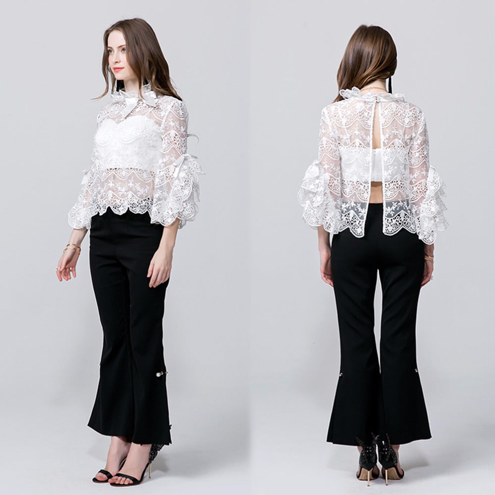 Casual Women See Through Lace Bow Flare Sleeve Two Pieces Blouse + Tank Velvet T-shirt Leisure Pajamas Women Set