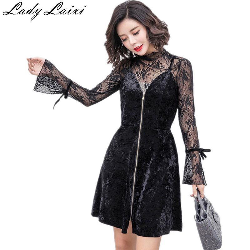 Flare Long Sleeve Hollow out Lace Blouses And Spaghetti Strap Dress 2 piece Set