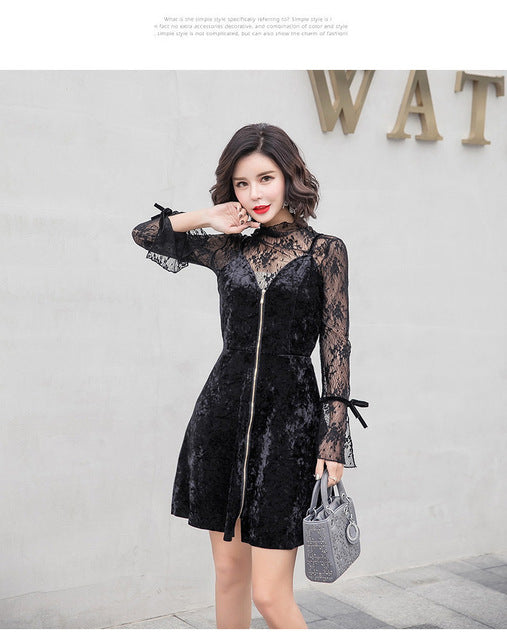 Flare Long Sleeve Hollow out Lace Blouses And Spaghetti Strap Dress 2 piece Set