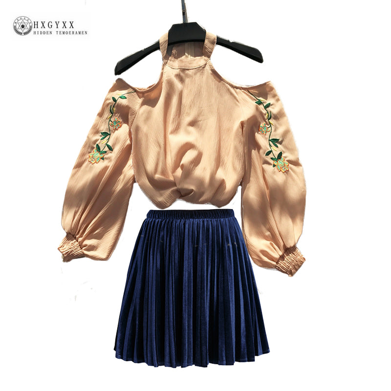 Two Pieces Suit Set Sexy Halter Embroidery Chiffon Blouse Pleated Velour Mini Skirt Sets
