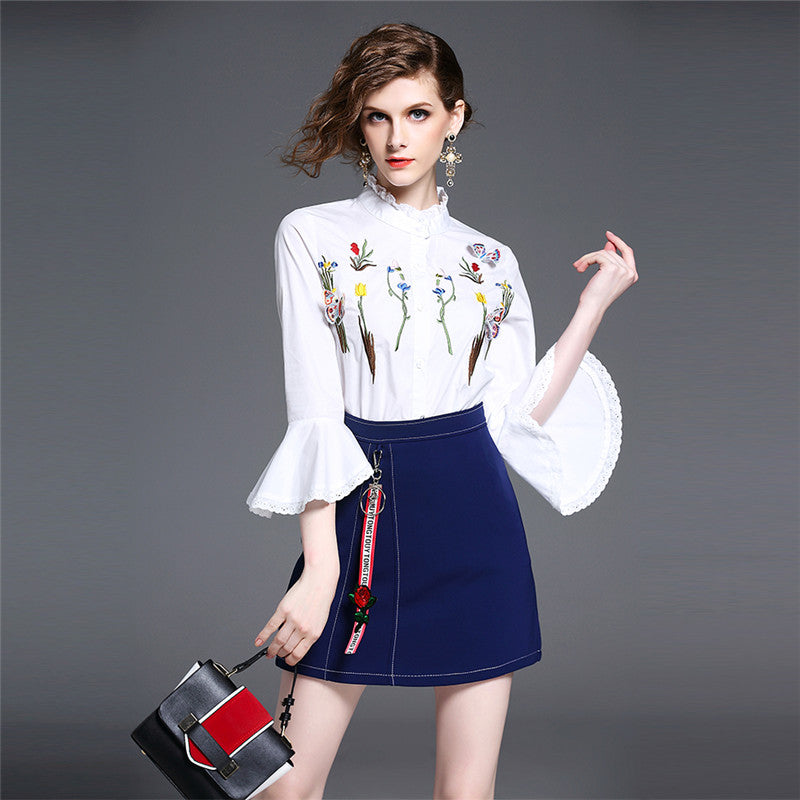 Hodisytian New Fashion Women Set Embroidery Shirt Flare Sleeve Summer Style Casual Long Sleeve Floral Blouse Denim Skirts 2 Pcs