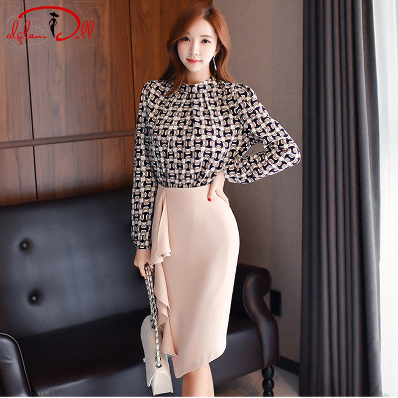 2017 Autumn Two Pieces Clothing Sets Print Full Sleeve Blouse OL Pencil Midi Bodycon Skirt Office Ruffles Work Suit Dresses