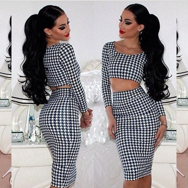 Hot Sales Sexy Plaid Black and White Women Houndstooth Long Sleeve Tops 2pcs Set Midi Dress Bodycon Clubwear