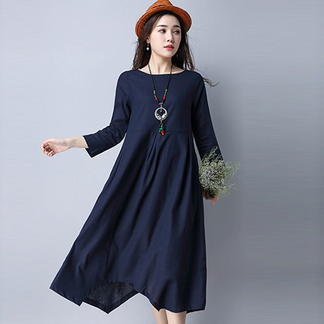 Fashion Cotton And Linen Women Spring Summer Pleated Mid-calf Tunic Dress 2018 New Casual O neck 3/4 Sleeve A-Line Party Dresses