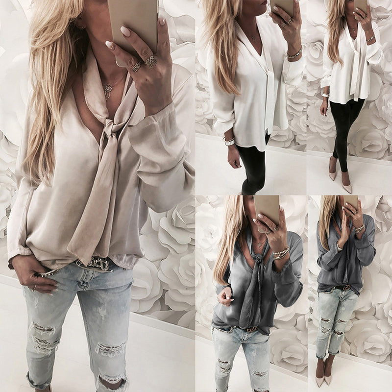 Women Long Sleeve V Neck Solid Lace Design Casual Blouse Tops