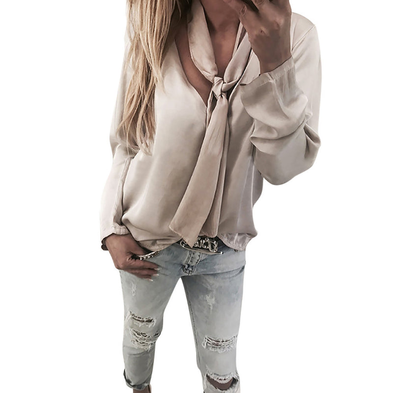 Women Long Sleeve V Neck Solid Lace Design Casual Blouse Tops