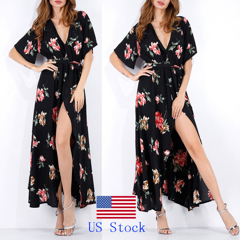 Floral Print Long Maxi Dresses Short Sleeve Summer Boho Beach Dress for Women Party Dress Sundress