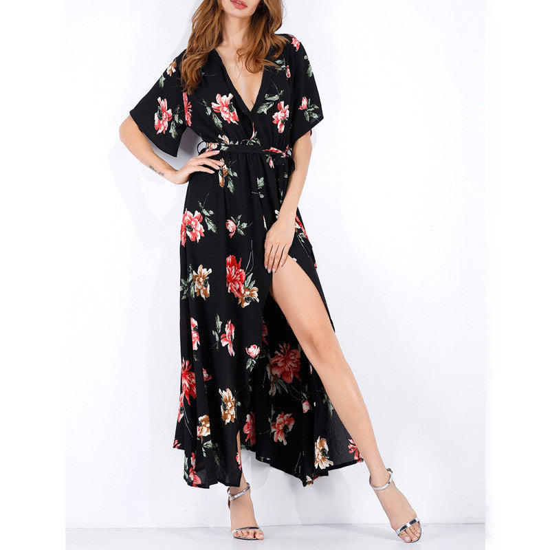 Floral Print Long Maxi Dresses Short Sleeve Summer Boho Beach Dress for Women Party Dress Sundress