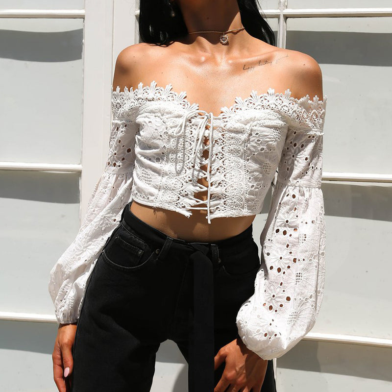Women Off Shoulder Long Sleeve Hollow Lace Loose Blouse Tops T-Shirt