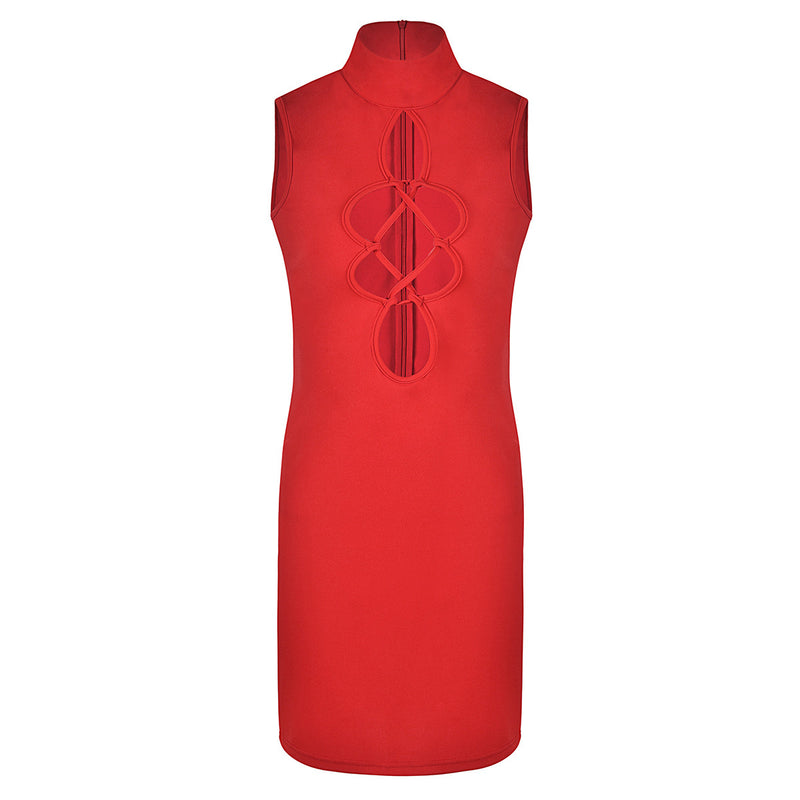 Women Dress Summer Solid Hollow Out Round Collar Sleeveless Tight Slim Chinese Style Formal Dress
