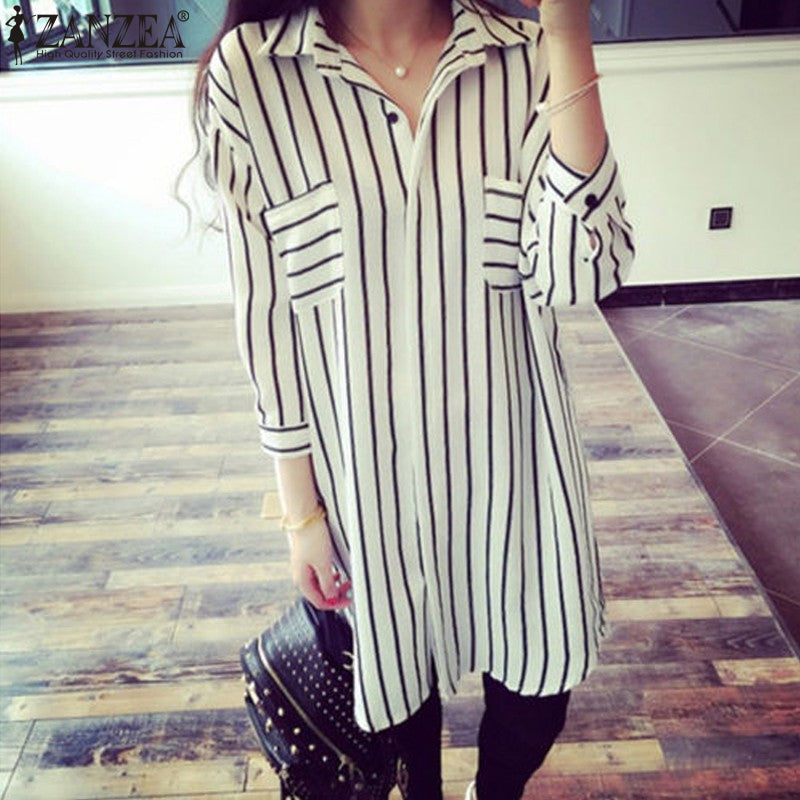 Zanzea Fashion Spring Autumn Shirts 2016 Zanzea Women Lapel 3/4 Sleeve Striped Long Blouses Loose Tops Blusas Plus Size